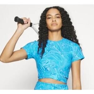 EleVen By Venus Williams Wrapped Cropped Tee Tie Waist Arctic Blue Marble XS NWT